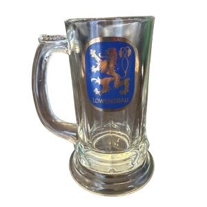 Vintage Lowenbrau Muich Heavy Glass Beer Stein / Mug. Thumb Grip Handle.